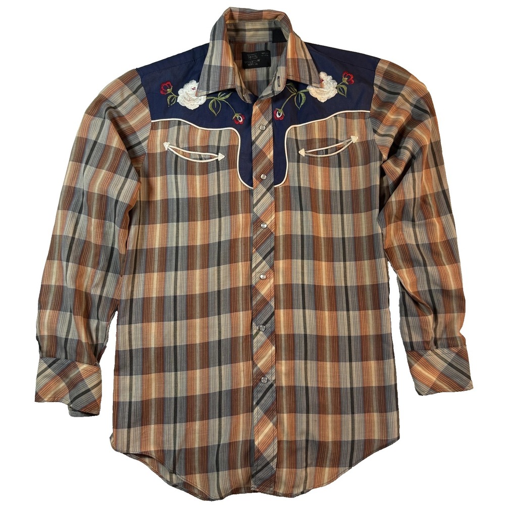 Vintage 70s Sears Western Pearl Snap Shirt Mens M Floral Embroidered Cowboycore
